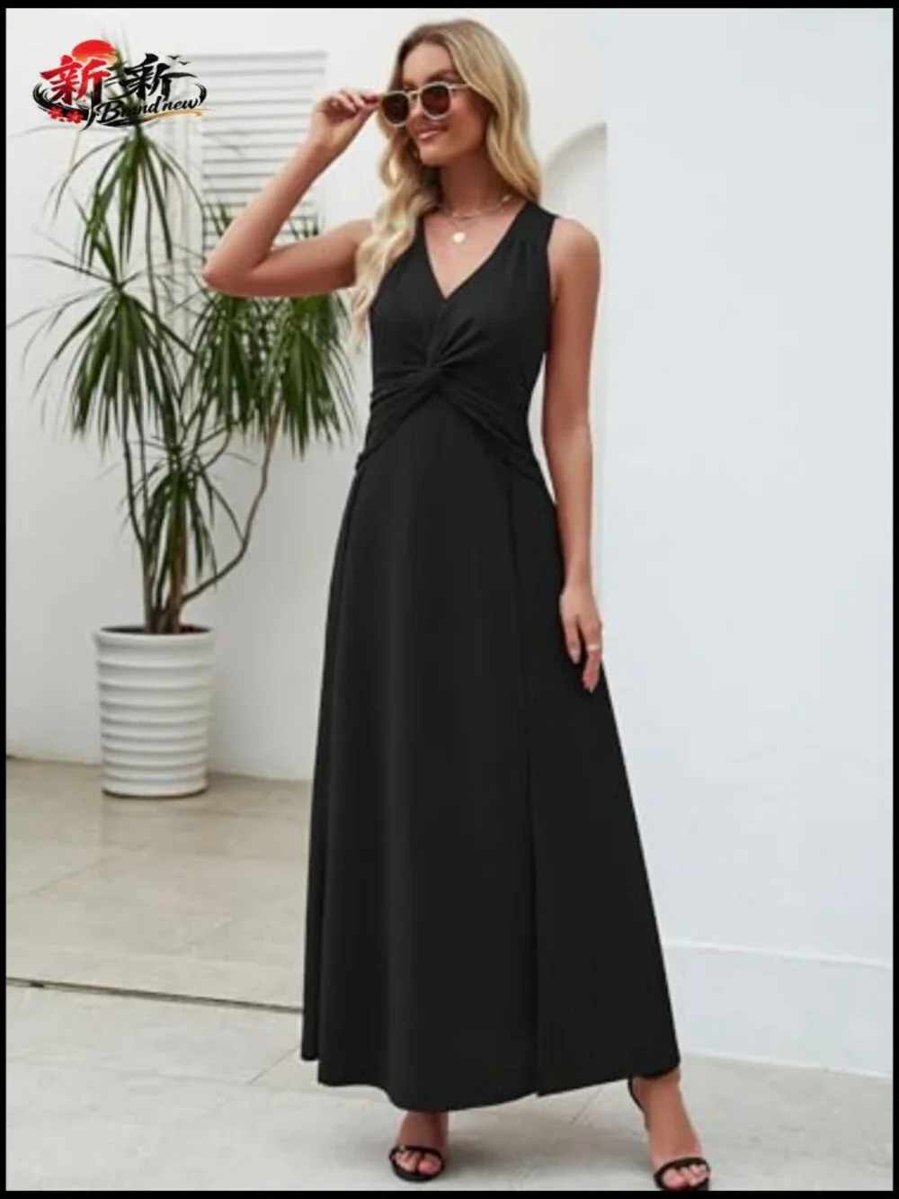 V-Neck Sleeveless Formal A-Line Midi Dress with Ruffle - Picture 5 of 7